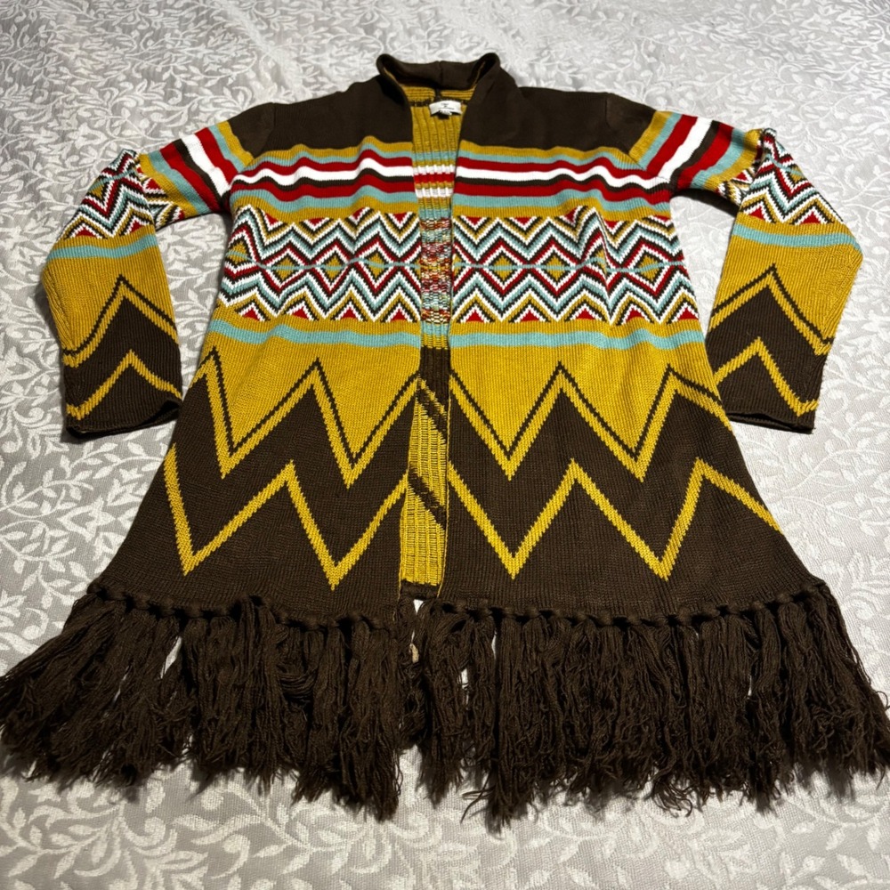 Boho Southwestern Fringe Open Front Cardigan Sweater Brown S/M
